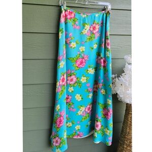 Vintage 90's Ralph Lauren Turquoise Hawaiian Floral Silk A-Line Maxi Skirt